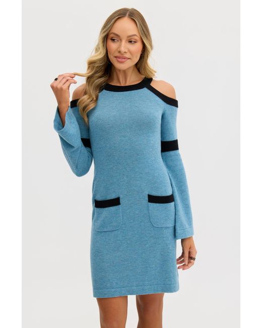 Why Mary Blue Serena Wool Knit Long Sleeve Cold Shoulder Dress