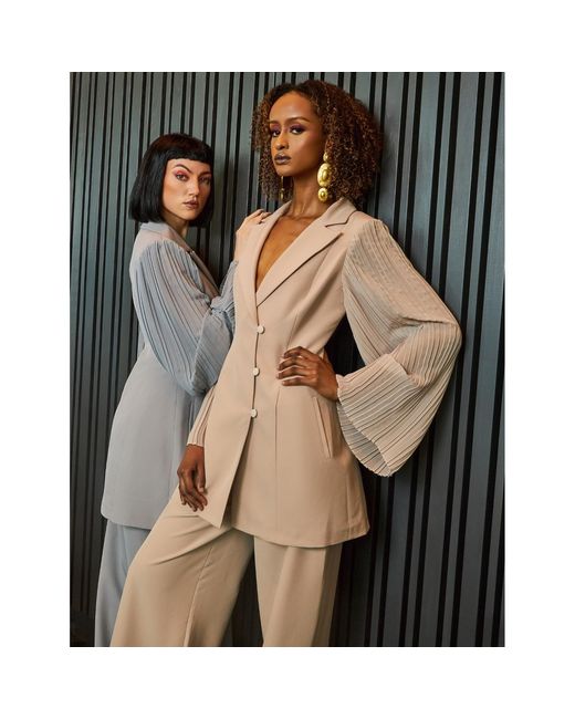NALÈ Gray Pleated Sleeves Blazer With Detachable Belt & Palazzo Wide Leg Trouser