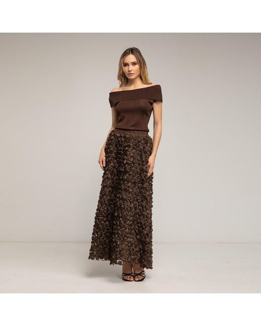 Tantra Spain Sl Brown Long A-Line Organza Floral Skirt With Elastic Waistband