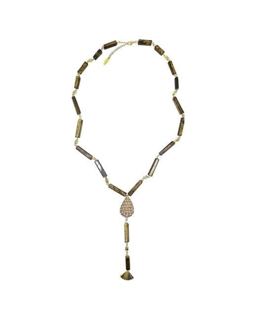 Farra Brown Y Shaped Tiger-Eye Stone With Rhinestone Tassel Lariat Necklace
