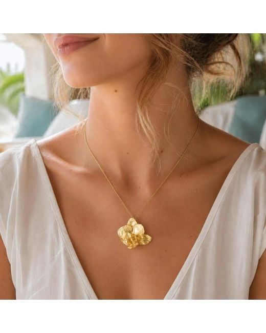 Mother Nature Jewelry Metallic Orchid Flower Necklace, Handmade Statement Pendant
