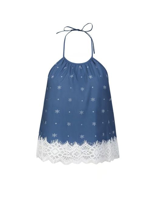 NUAJE NUAJE Blue Soleil Lace Trim Halter Cotton Top