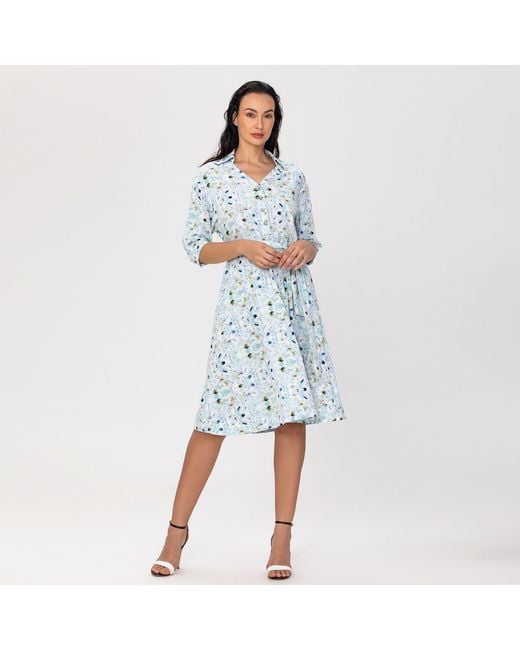Smart and Joy Blue V Neckline Floral Print Shirt-Dress -Light