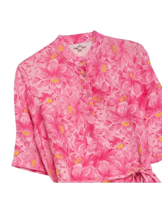 Niza Pink Sleeveless Floral Print Short Dress With Ruched Detail