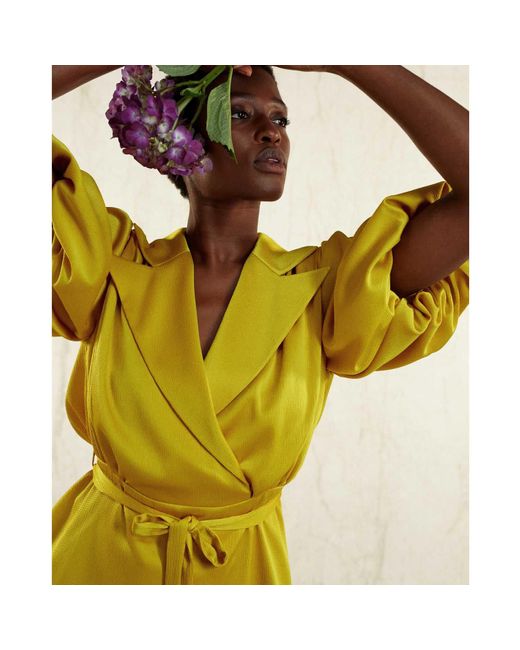 Femponiq Yellow Draped Puff Sleeve Satin Blouse
