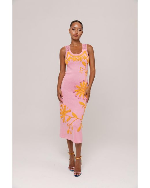 Andreeva White Golden Daisy Knit Dress With Handmade Embroidery