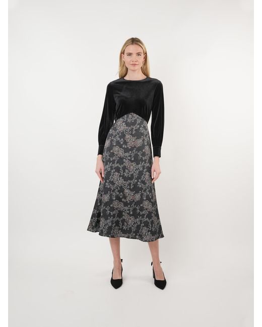John Abgin Black Velvet Inverted V-Waist Midi Dress
