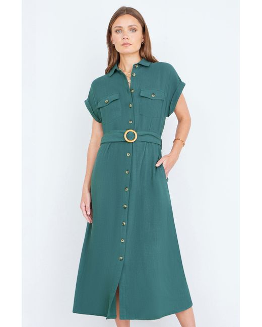 Yumi' Green Viscose Midi Shirt Dress With Wooden Belt