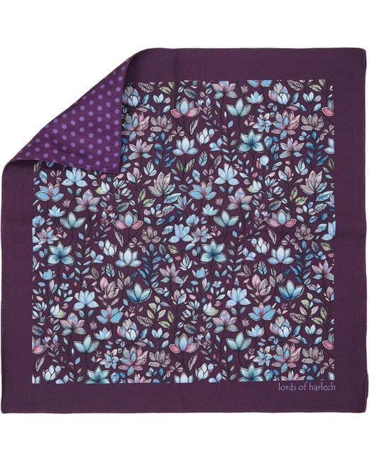Lords of Harlech Purple Hudson Mystic Floral Merino Handkerchief Pocket Square for men