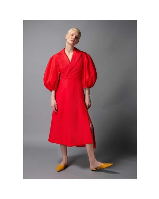 Femponiq Red Wide Lapel Asymmetric Cotton Dress