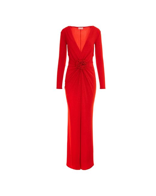 ROSERRY Red Mallorca Lurex Jersey Maxi Dress With Fixed Rosette Detail In