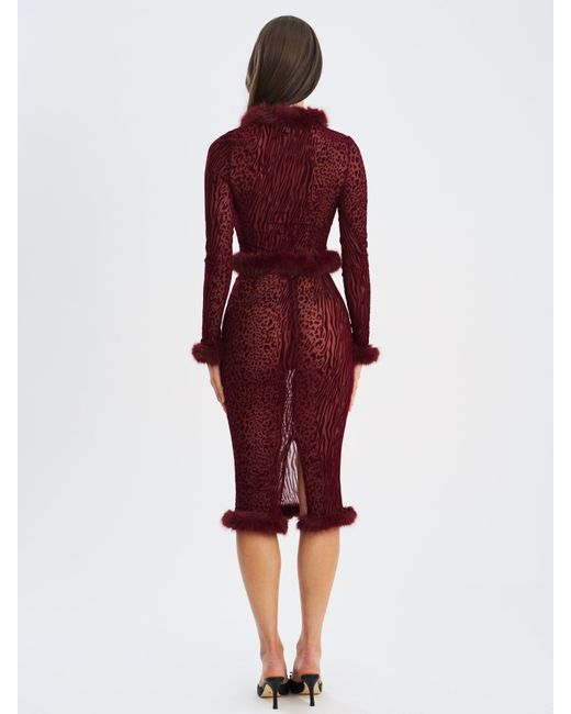 Miss Circle New York Red Hali Burgundy Animal Print Burnout Velvet Fur Trim Top