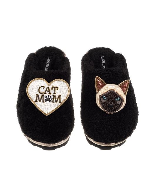Laines London Black Teddy Closed Toe Slippers With Cat Mum Mom & Siamese Cat Brooches