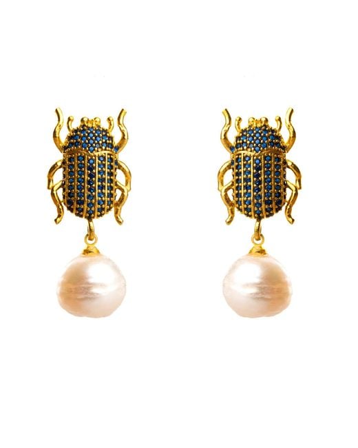 Ebru Jewelry Metallic Egyptian Scarab Sapphire & Pearl Dangle Mystic Earrings