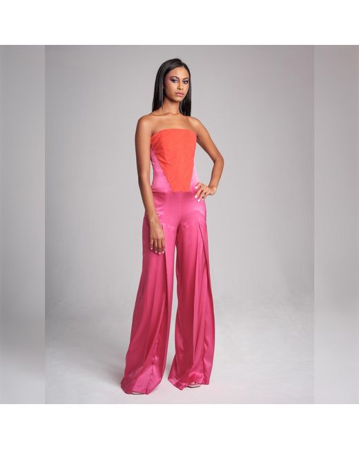 Imaatu Pink Shield Fuchsia Silk Alcantara Corset Jumpsuit – Luxury Wide-Leg