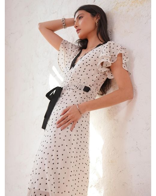Rose & Nancy Gray Chloe Polka Dot Print Lace Detail Tie Waist Maxi Dress