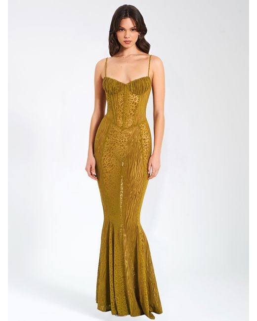 Miss Circle New York Green Ulani Burnout Velvet Detail Mesh Maxi Dress