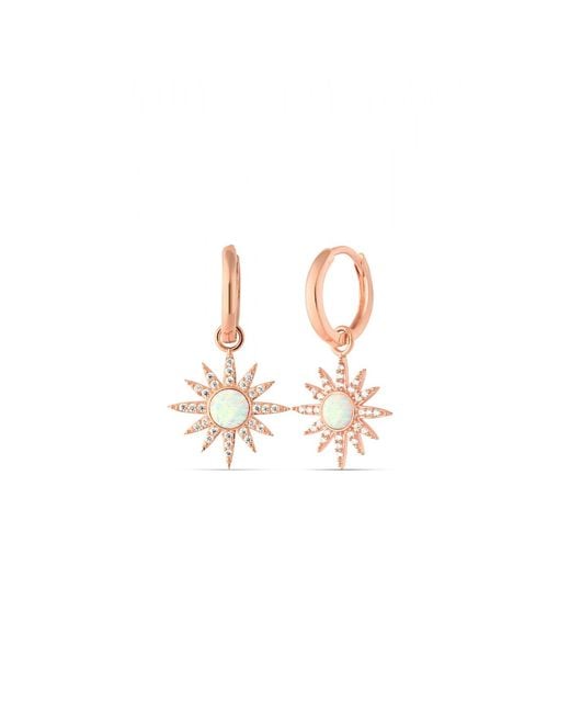 Spero London Pink Drop Hoop Sun White Opal Earring Sterling Silver