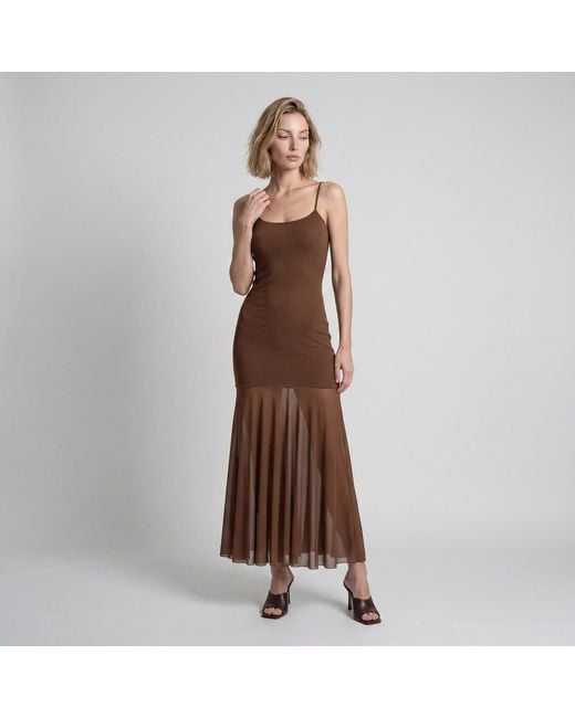 Modenaire Brown Sheer Mesh Maxi Dress With Spaghetti Straps