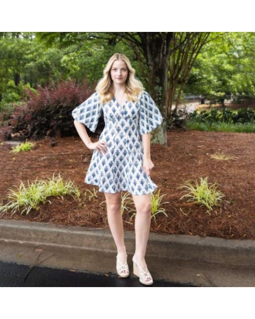 House of Gl Blue Soreia Hand-Block Printed Cotton Fit & Flare Dress With Open Back