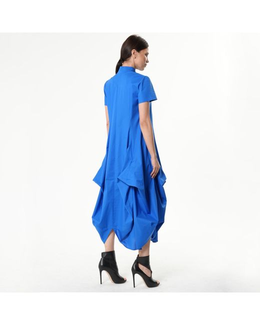 Metamorph Blue Asymmetric Collared Dress With Short Sleeves