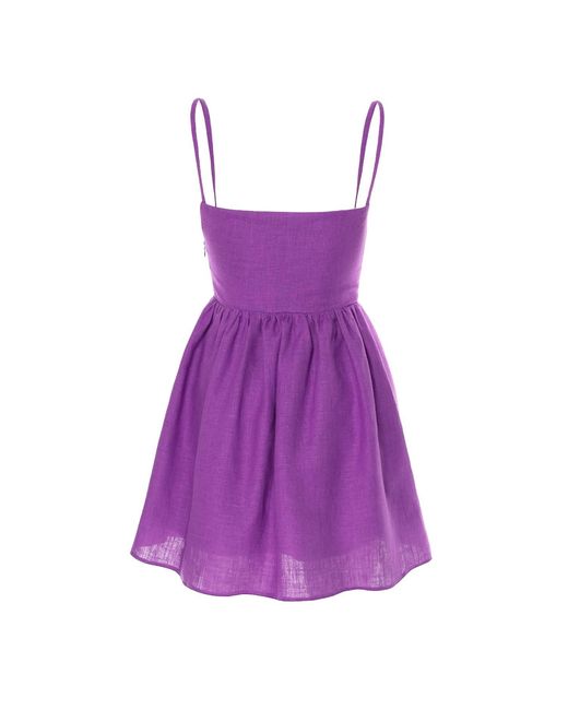 AVENUE No.29 Purple Linen Gathered Mini Dress With Straps