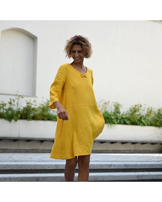 LeMuse Yellow Sun — V-Neck Stonewashed Linen Dress