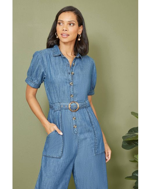 Yumi' Blue Cotton Chambray Button Up Jumpsuit