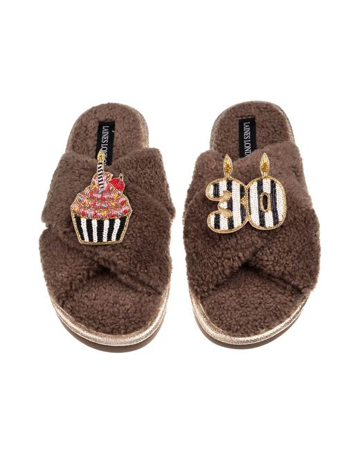 Laines London Brown Neutrals Laines Neutral Boucle Slippers With Stripe 30Th Birthday & Cake Brooch