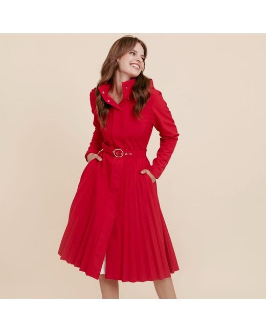 RainSisters Red Fit & Flare A-Line Coat With Pleated Skirt: Scarlet Waltz