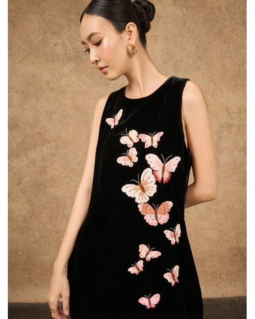 Silk and Bears Black Hand-Embroidered Silk Velvet Maxi Evening Dress — Butterfly — Velvet Atelier