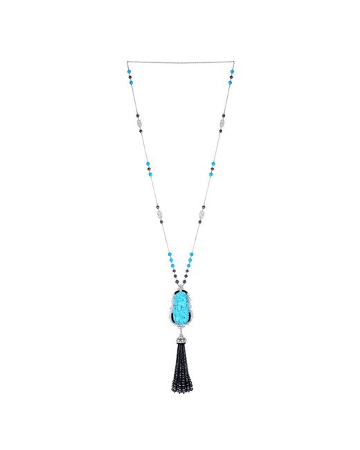 Artisan Metallic Onyx Turquoise Diamond Beaded Chain Tassel Necklace 18k White Gold Jewelry