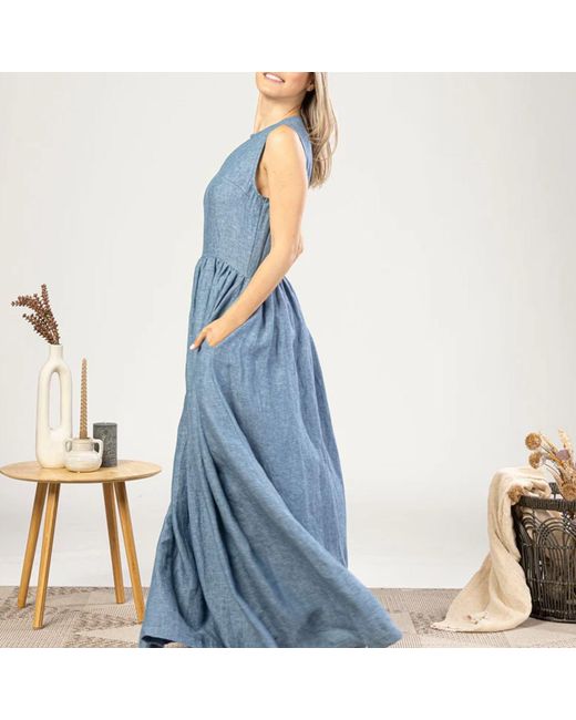 Nikka Place Blue Linen Floor-Length Sleeveless Maternity Dress With Pockets