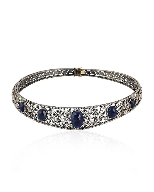 Artisan Metallic 925 Sterling Silver & 18k Gold Blue Sapphire Diamond Choker Necklace Handmade Jewelry
