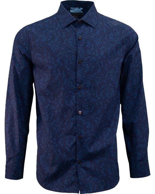 Lords of Harlech Blue Paisley Cotton Stretch Button-Down Shirt for men