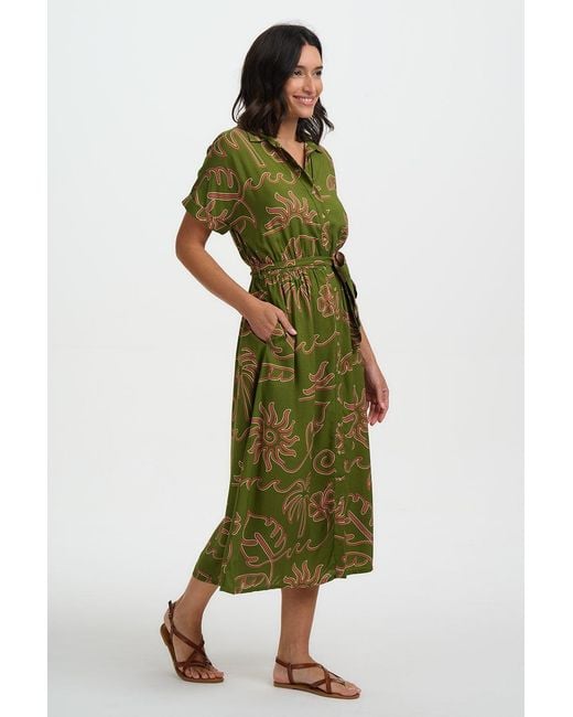 Sugarhill Green Leigh Midi Shirt Dress Khaki, Tropical Line Drawing