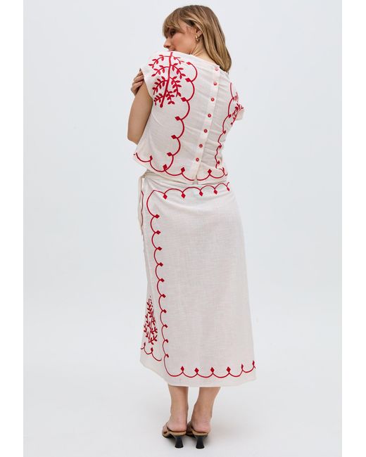 Raffya Fraya Cross Hatch Embroidered Wrap Midi Skirt