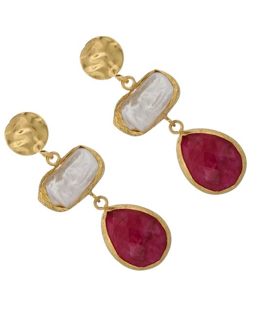 Ebru Jewelry Metallic Vintage Style Pearl & Ruby Gemstone Gold Earrings