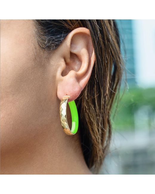Gold & Honey Green Hammered Hoop Earrings With Neon Enamel