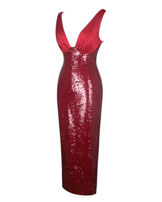 Miss Circle New York Red Shanelle Crimson Sequin Plunging Midi Dress