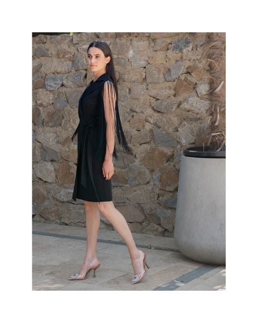 concept A trois Black Wrap Blazer Dress With Fringed Sleeves