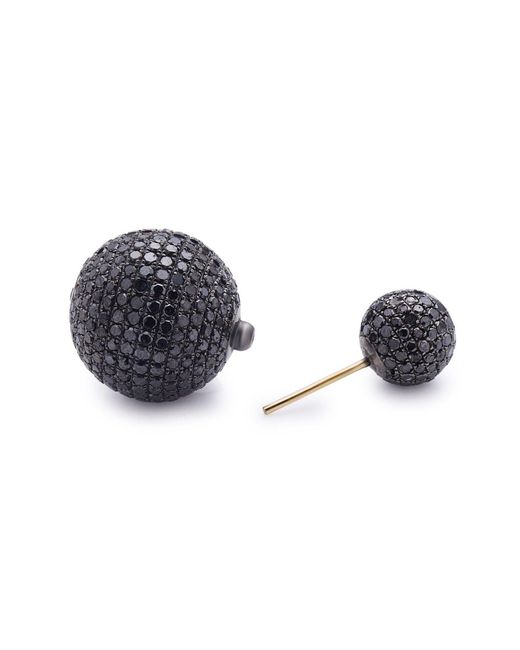 Artisan 18k Yellow Gold & 925 Silver Pave Black Diamond Beads Front & Back Tunnel Earring