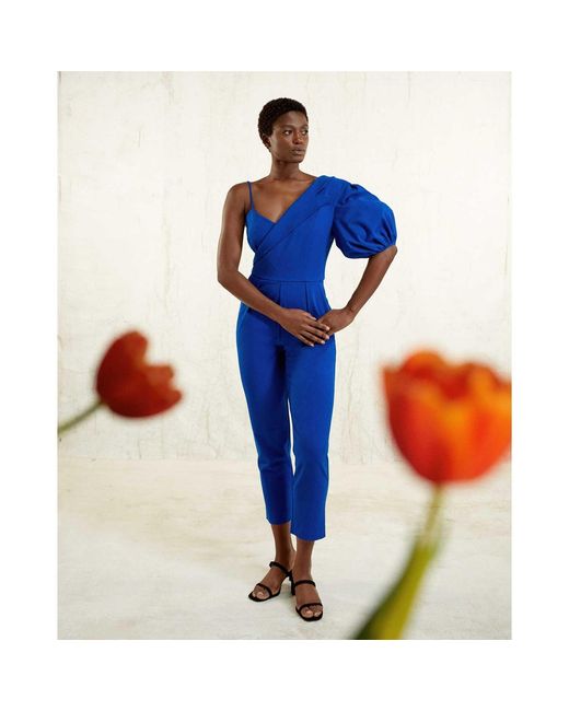 Femponiq Blue Peak Lapel Puff Sleeve Crepe Jumpsuit