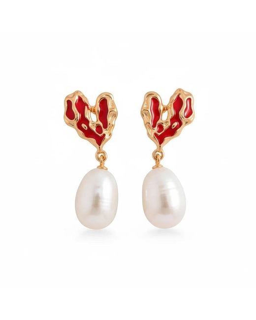 Angel Barocco Red Heart Drip Glaze Large Pearl Earrings