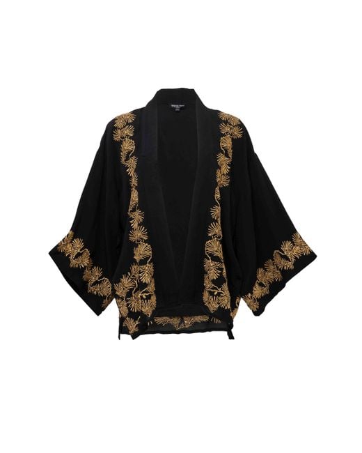 Artemis Muse Black Japanese Pine Needle Embroidered & Fully Lined Short Kimono