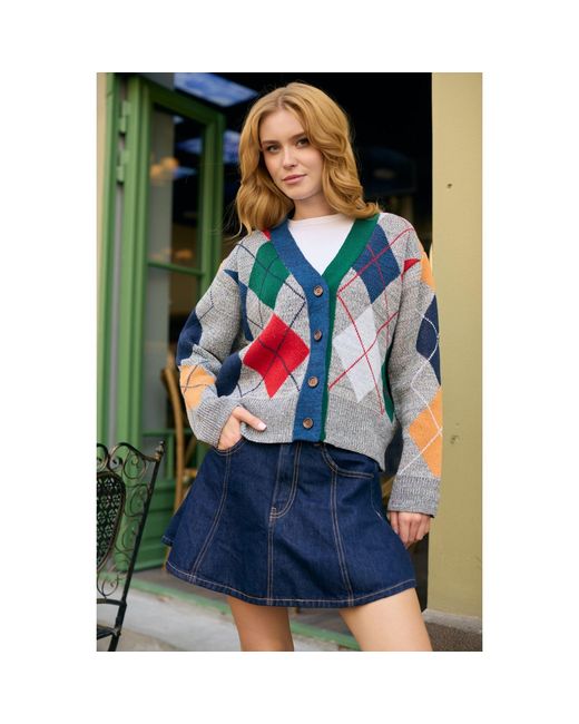 Saachi Blue Classic Colorful Argyle Cardigan