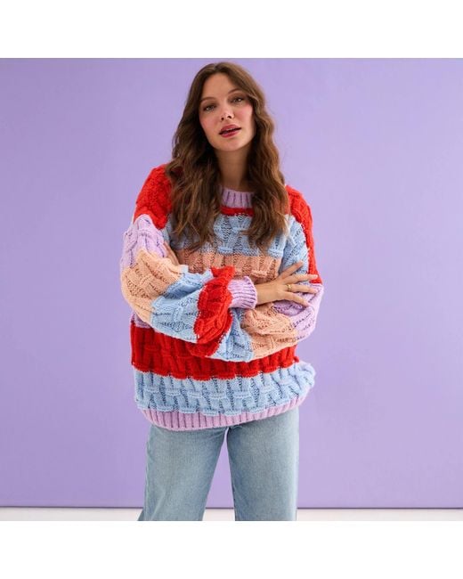 Cara & The Sky Red Mandy Criss-Cross Stitch Balloon Sleeve Stripe Jumper