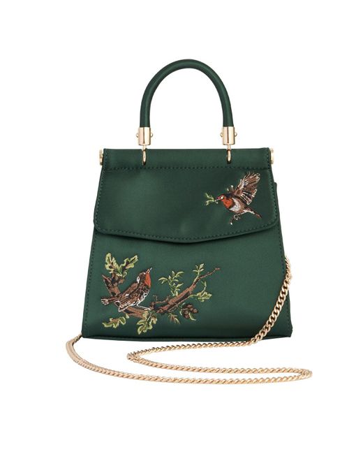 Fable England Green Robin Love Embroidered Satin Tote