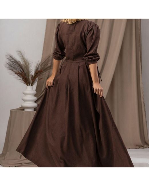 Nikka Place Brown Maxi Linen A-Line Dress With Bishop Sleeves And Pockets