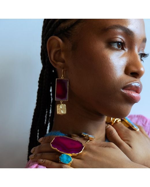YAA YAA LONDON Pink Hold The Baby Fuchsia Agate Statement Earrings